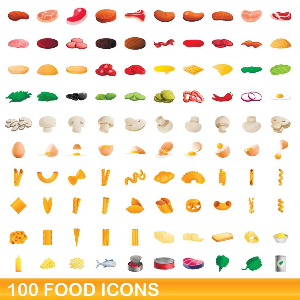 100 voedsel iconen set, cartoon stijl vector