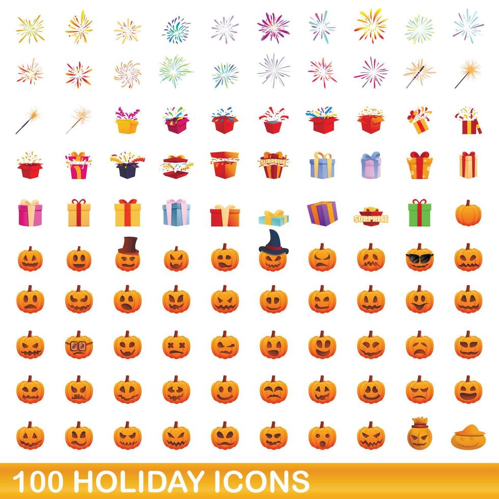 100 vakantie iconen set, cartoon stijl vector