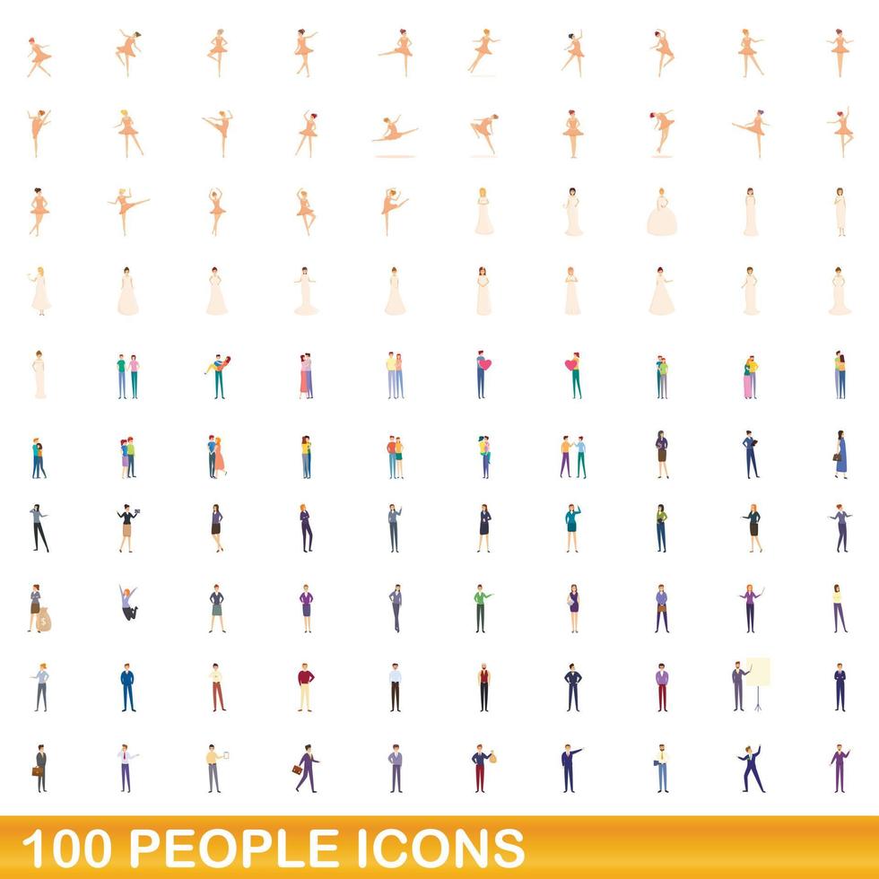 100 mensen iconen set, cartoon stijl vector