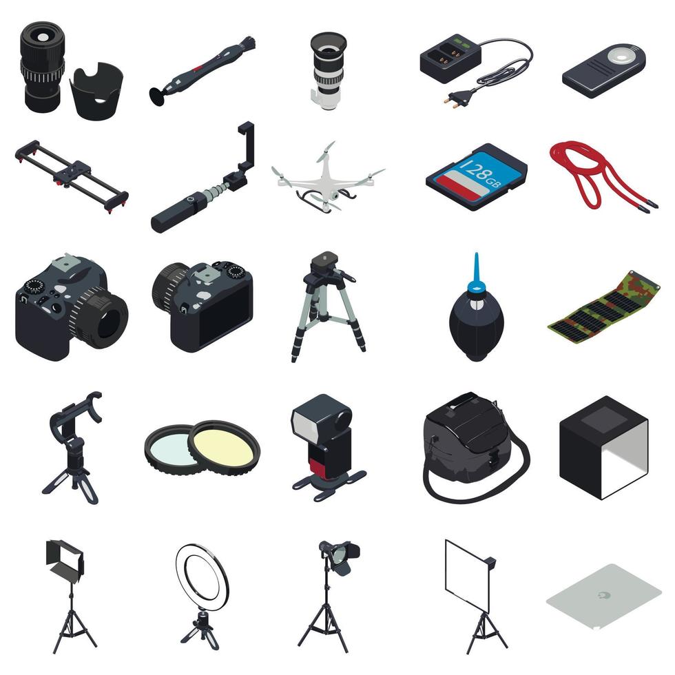 fotograaf apparatuur iconen set, eenvoudige stijl vector