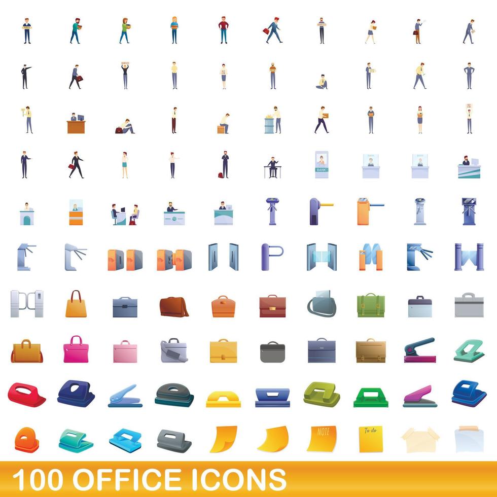 100 kantoor iconen set, cartoon stijl vector