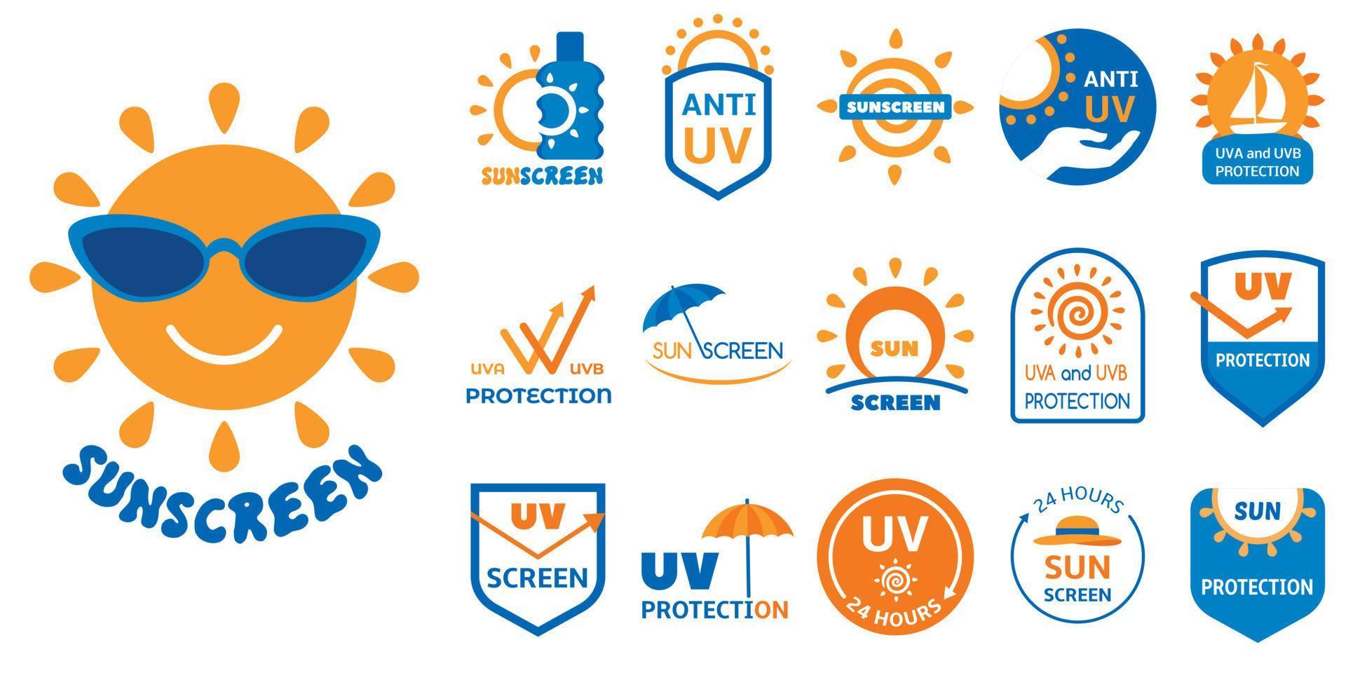 zonnebrandcrème logo set, vlakke stijl vector