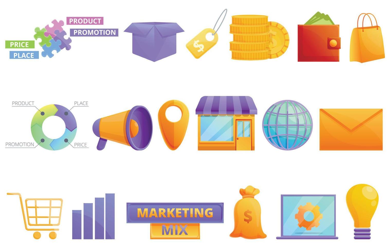 marketing mix iconen set, cartoon stijl vector