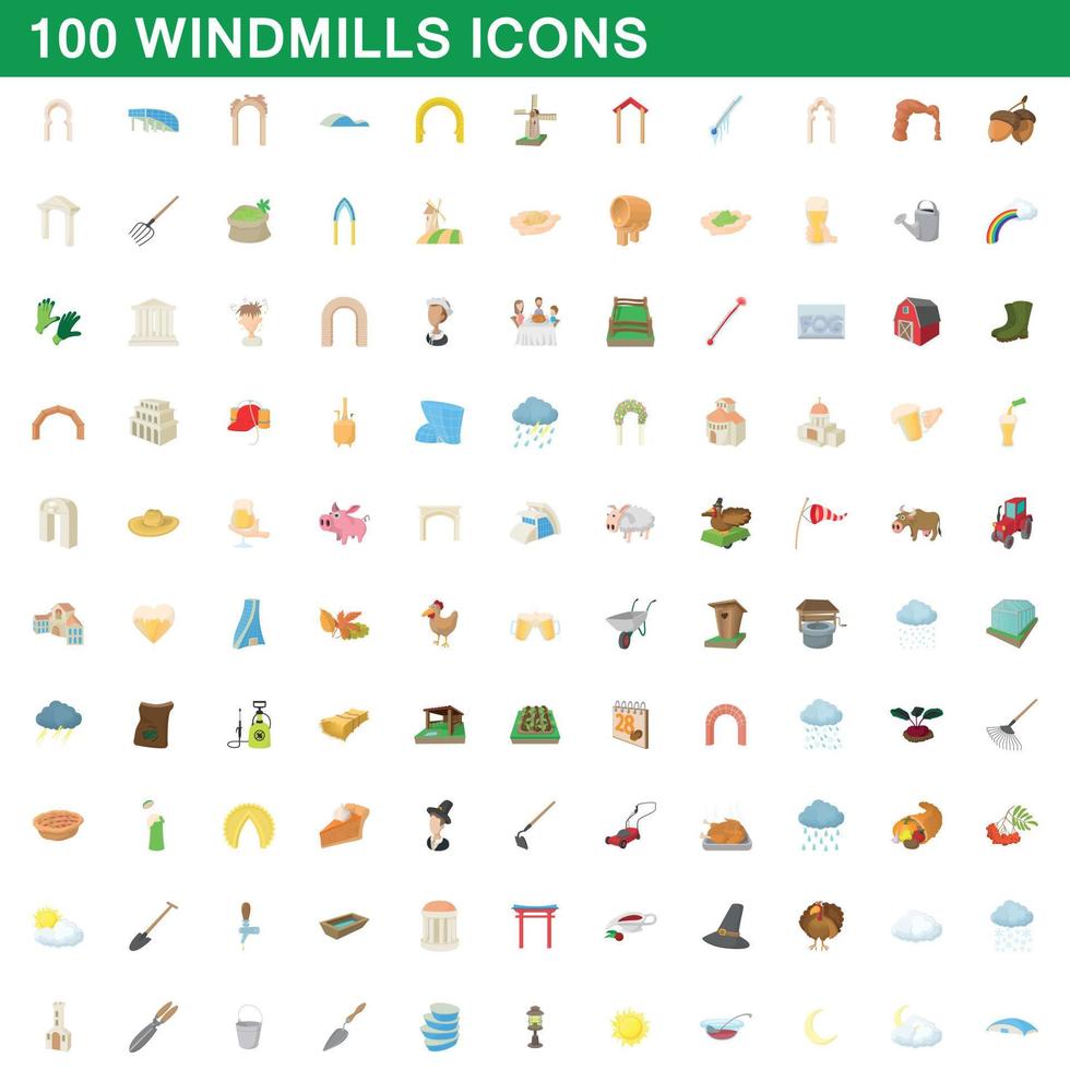 100 windmolens iconen set, cartoon stijl vector
