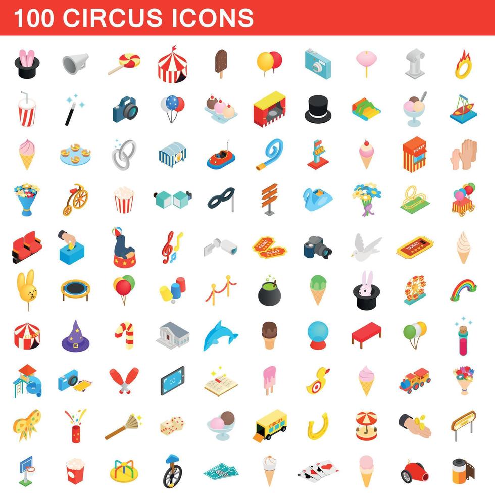 100 circus iconen set, isometrische 3D-stijl vector