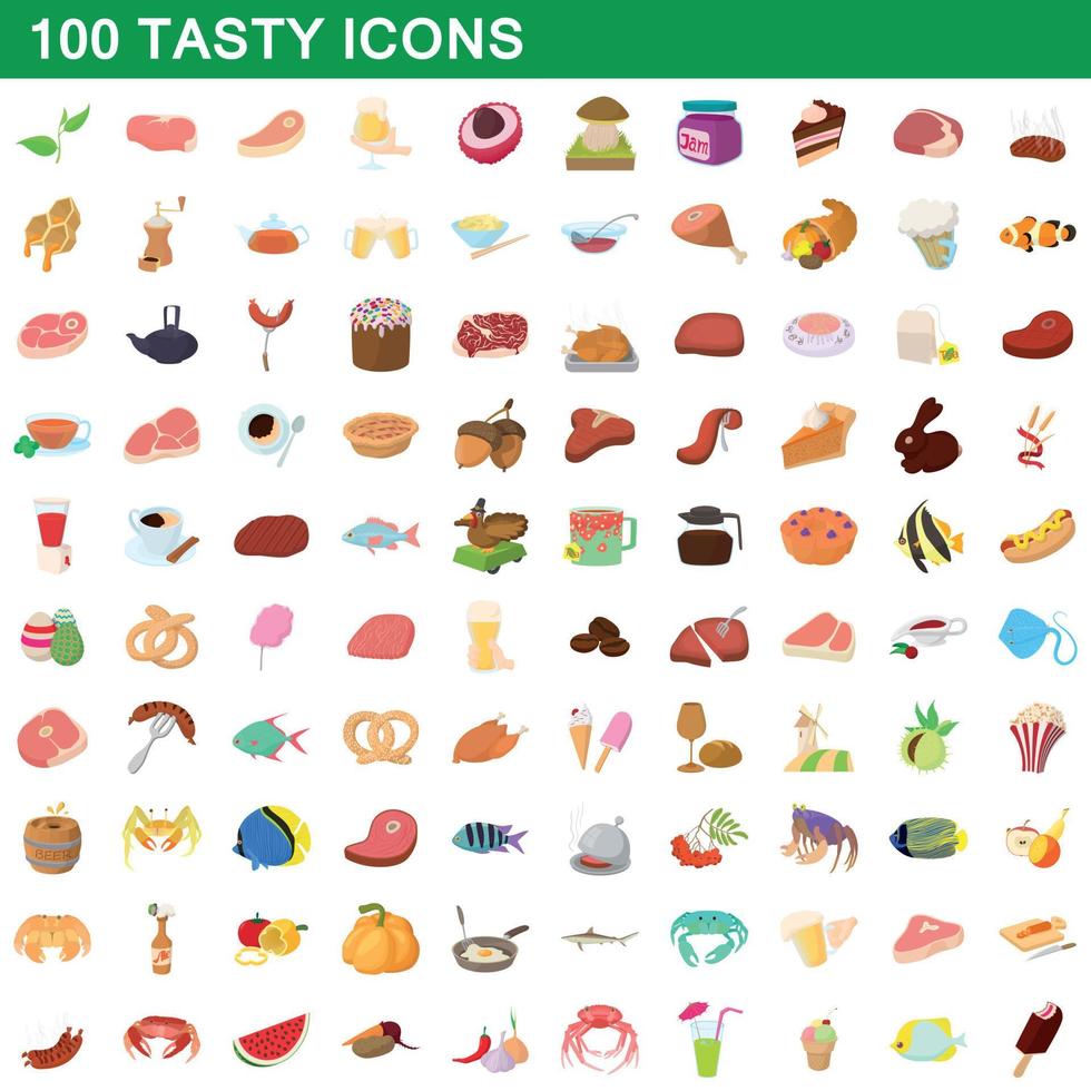 100 smakelijke iconen set, cartoon stijl vector