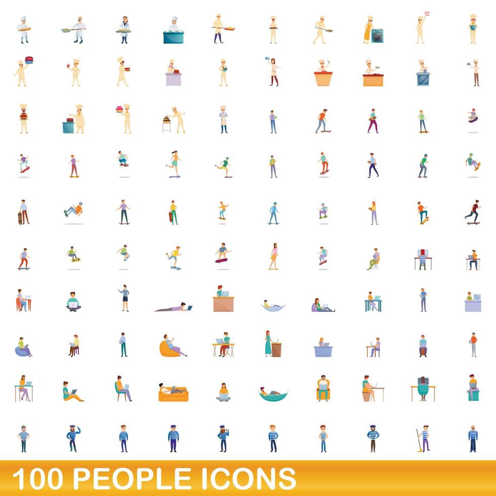 100 mensen iconen set, cartoon stijl vector