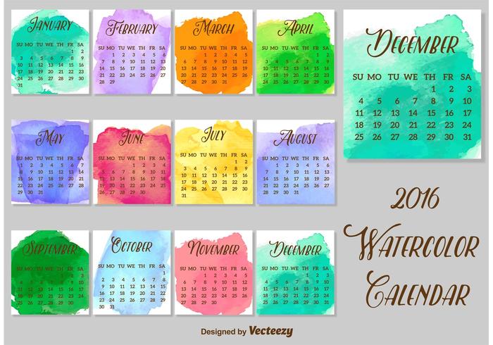 2016 Waterverfde Kalender Vector Sjabloon