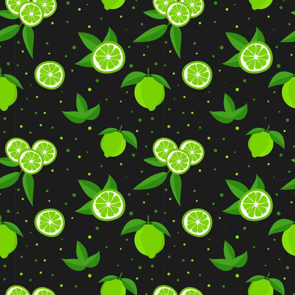 limoen met groene bladeren, citrus schijfje op zwarte achtergrond. naadloos patroon tropisch patroon vector