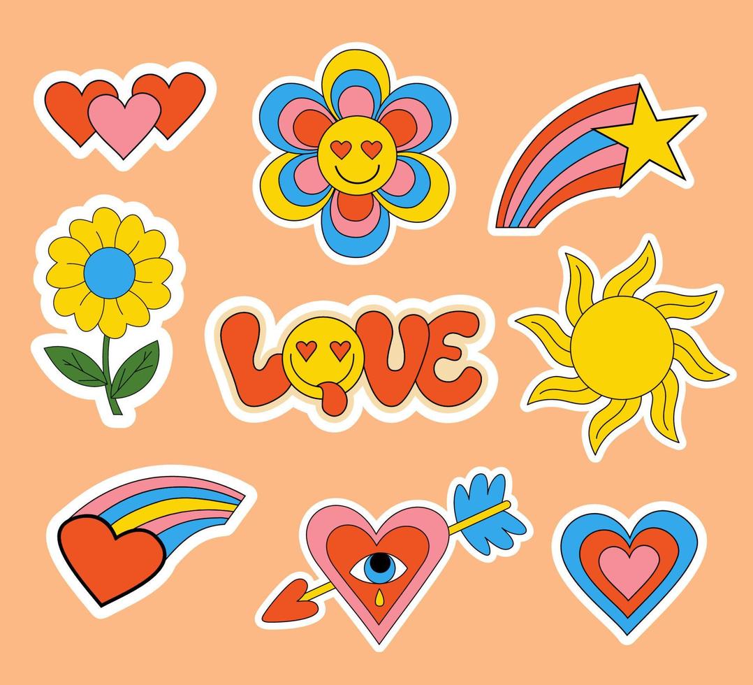 nostalgie 70s stickers, badges, geïsoleerde groovy elementen, emoticons en slogan liefde in groovy stijl met in smile face, bloemen, zon en regenboog hart. vector clipart 60s, 70s, 80s vibes