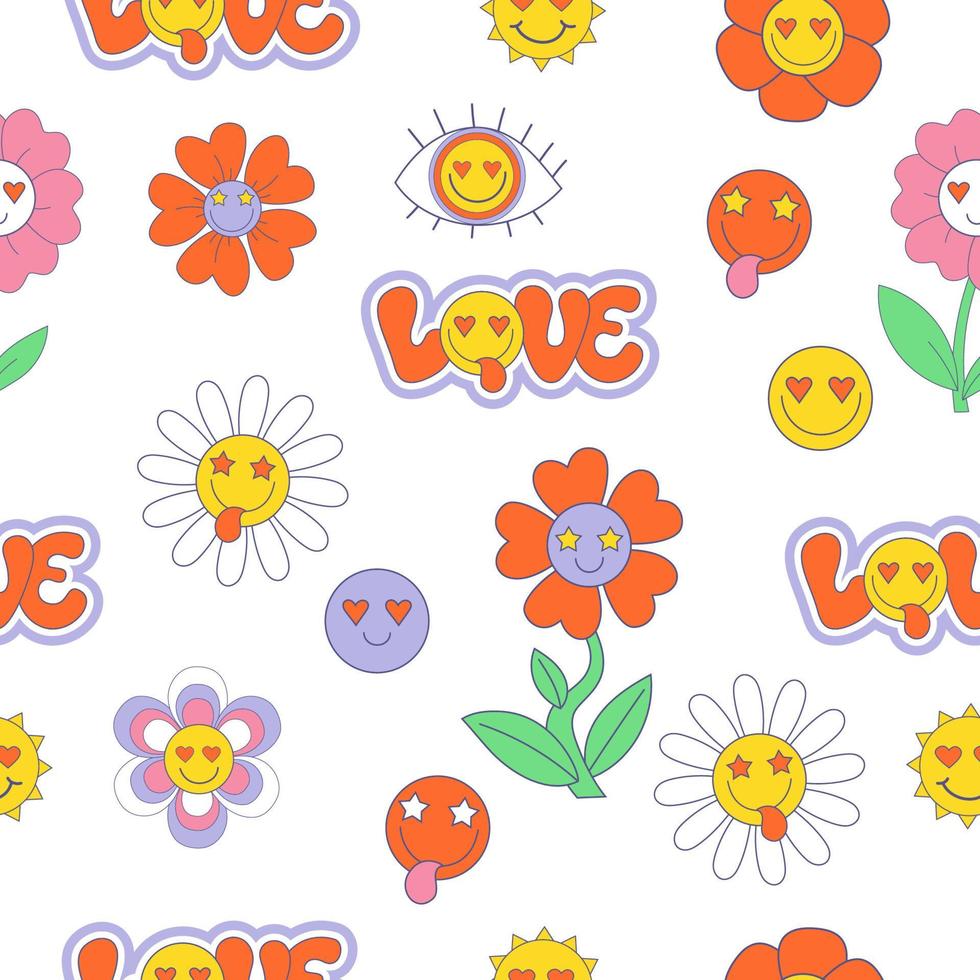 retro naadloos vectorpatroon met groovy elementen uit de jaren 70, 80 en 90. stickers belettering liefde, cartoon funky flower power, madeliefjebloemen, gezicht. vectorillustratie. vector