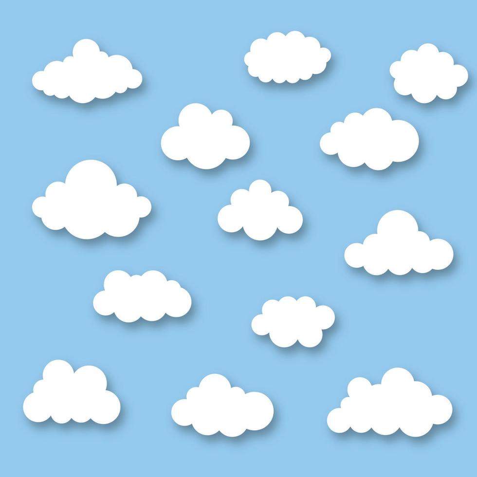 cartoon wolk set geïsoleerd op blauwe hemel panorama vector collectie. cloudscape in blauwe lucht, witte wolk illustratie eps10