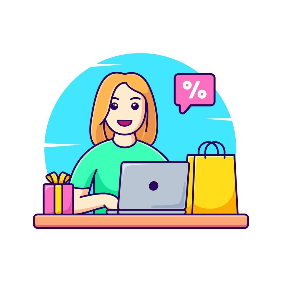 vrouw met laptop voor online winkelen vectorillustratie. tekenfilmvrouw die online winkel koopt vector