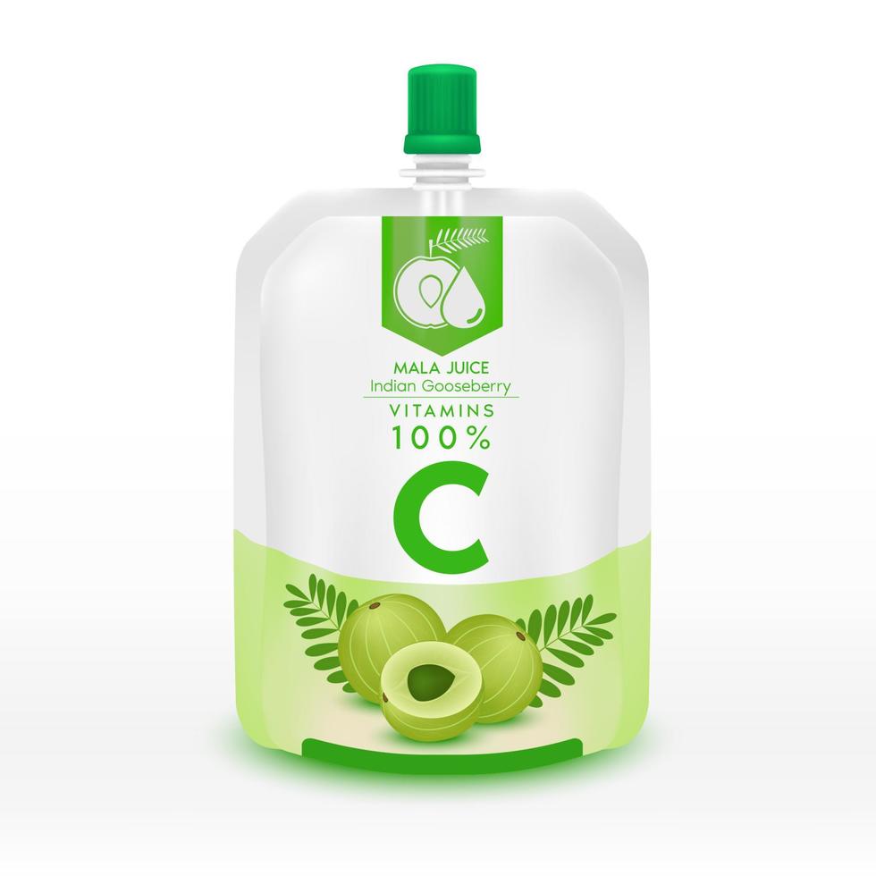 kruisbessensap vitamine c indische kruisbes, amla sap water drinken biologisch gezond voedsel. logo in voedselverpakkingen en plastic productdoosverpakkingen realistische sjablonen. 3D-vectorillustratie. vector