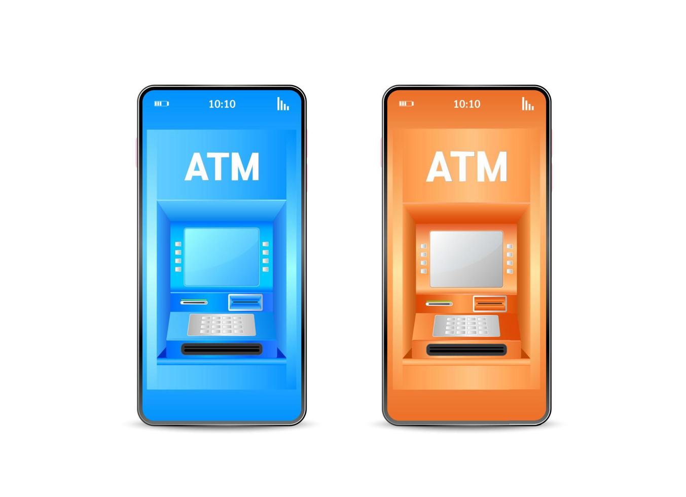 ATM-machine op smartphone met online betaal-app. veilig mobiel bankieren financieringsconcept. geldoverdrachten financiële transacties. telefoon met mobiele oranje, blauw geïsoleerd op een witte achtergrond. vector. vector