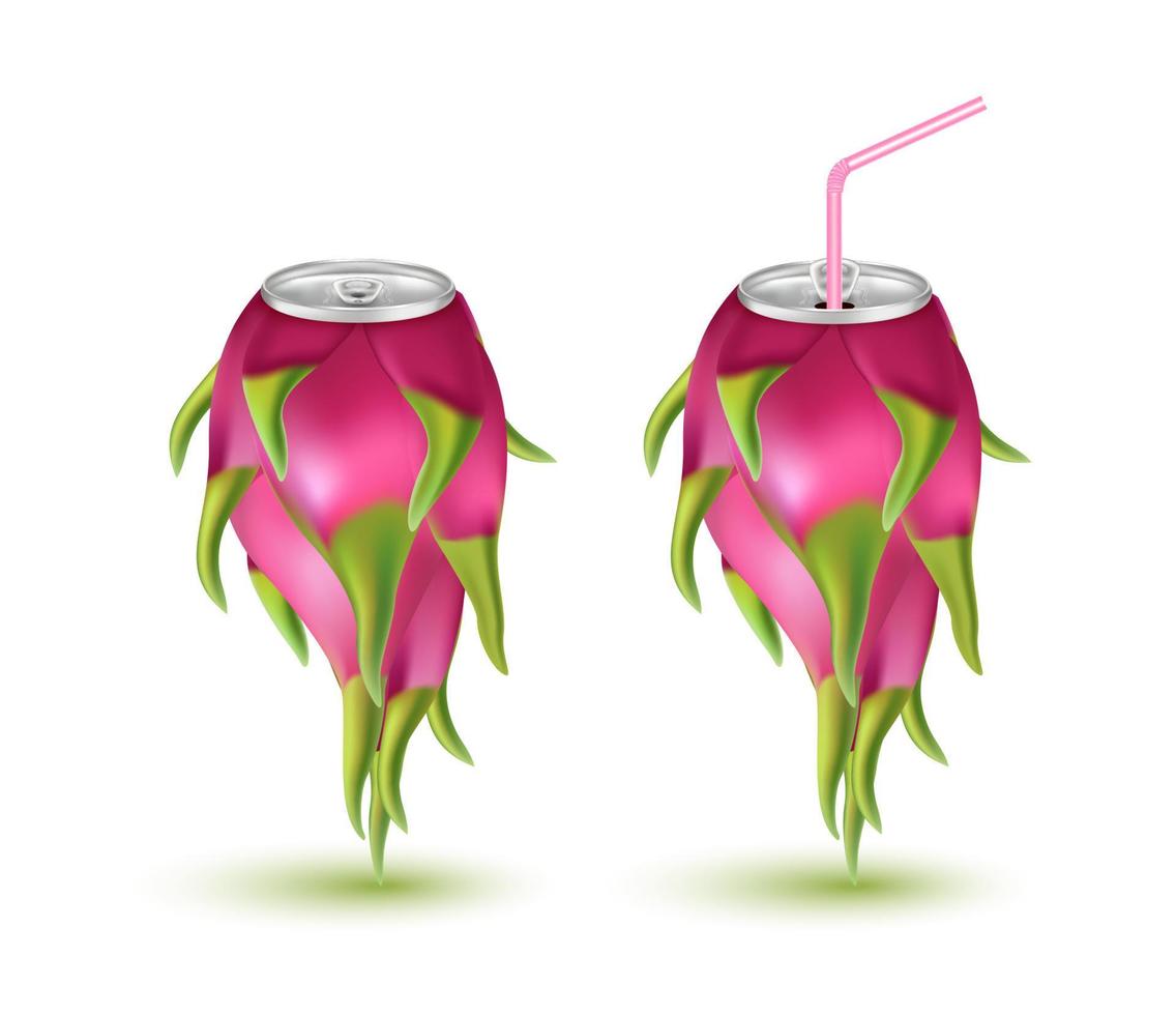 vers drakenvruchtensap frisdrank met deksel aluminium blikje en rietje. geïsoleerd op een witte achtergrond. gezond fruitdrankconcept. realistische 3D-vectorillustratie eps10. vector