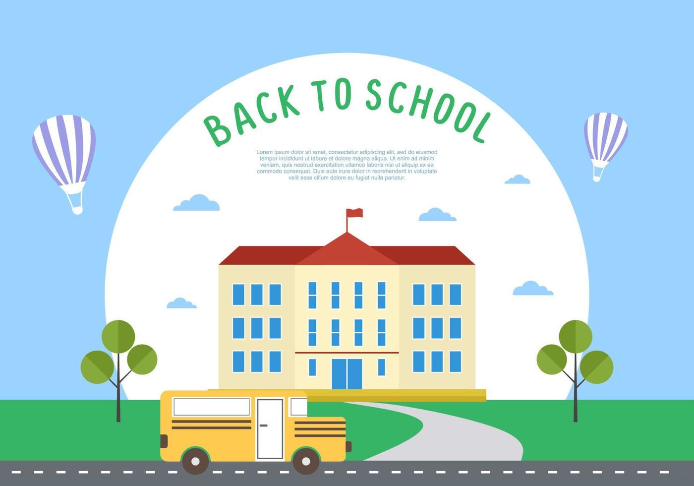 terug naar school onderwijs achtergrond met schoolgebouw, ballon, bus vector