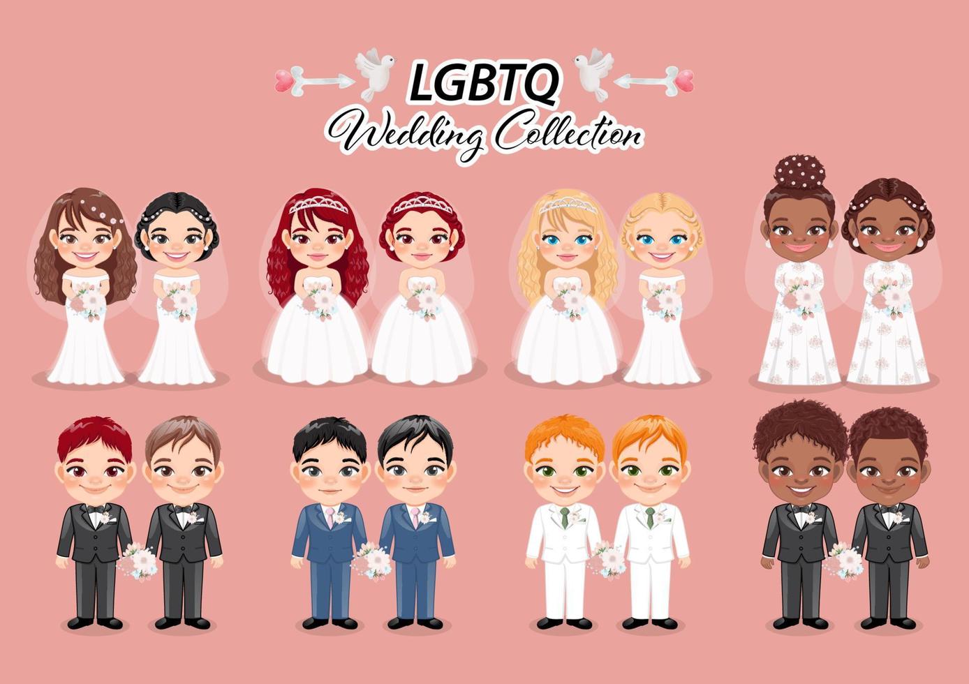 set van lesbische en homo pasgetrouwde koppels vlakke afbeelding, lgbtq bruiloft collectie, huwelijk ontwerpconcept vector