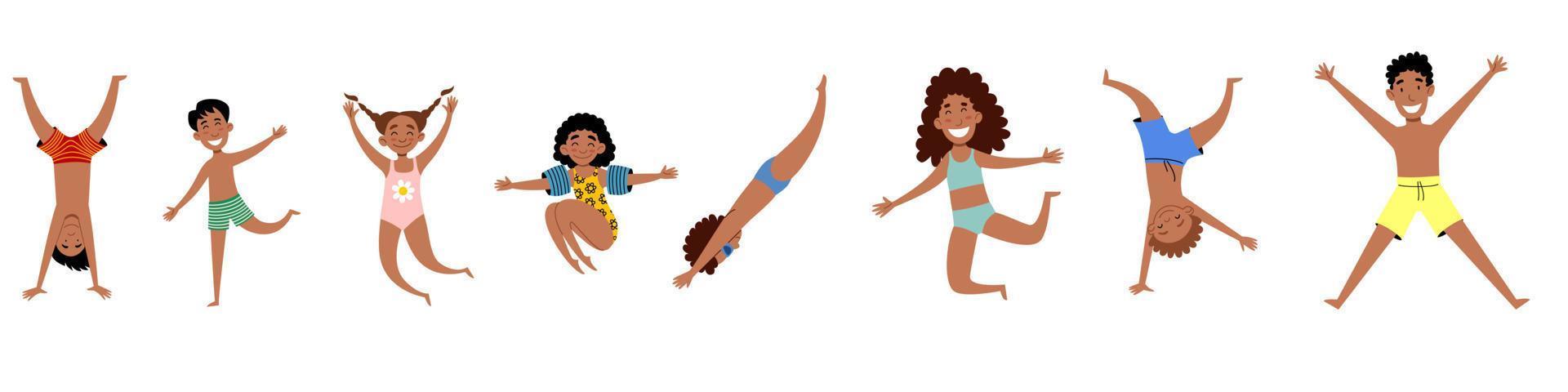 een set van gelukkige Afro-Amerikaanse kinderen. meisjes en jongens in badpakken. vector
