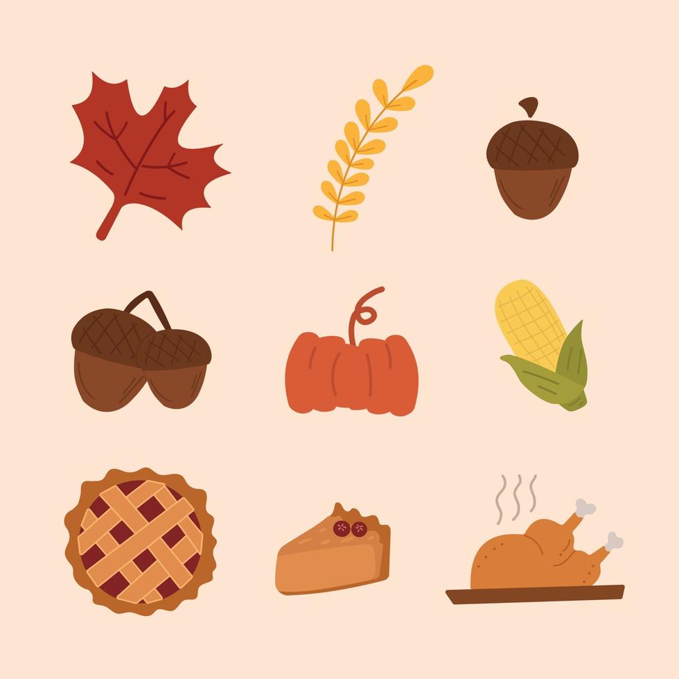 alle iconen van Thanksgiving Day-seizoen en herfstfestival. vector