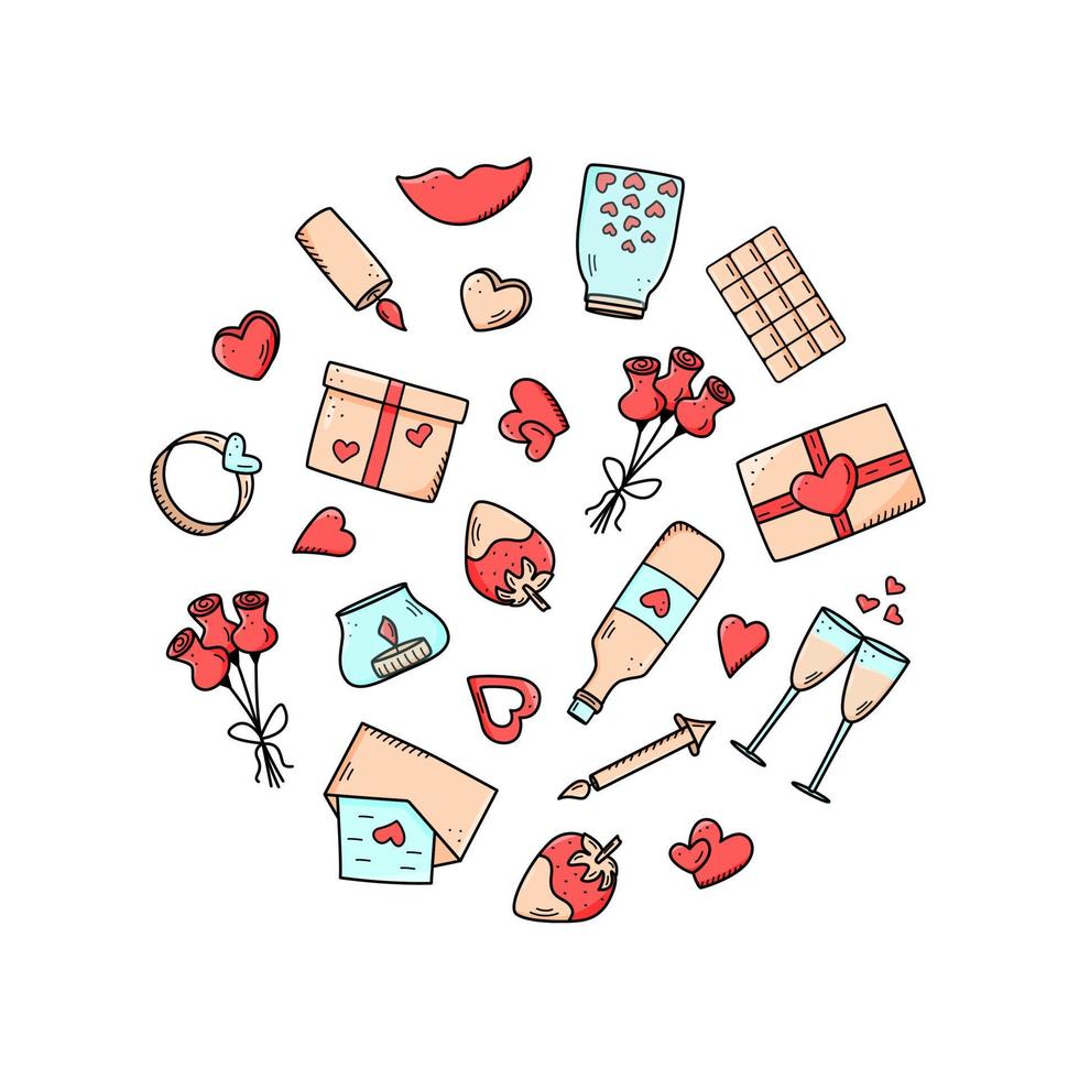 een set doodle pictogrammen voor Valentijnsdag of bruiloft. vectorillustratie van romantische accessoires kaarsen harten ring fles en glazen wijn, aardbei chocolade cadeau lippen vector