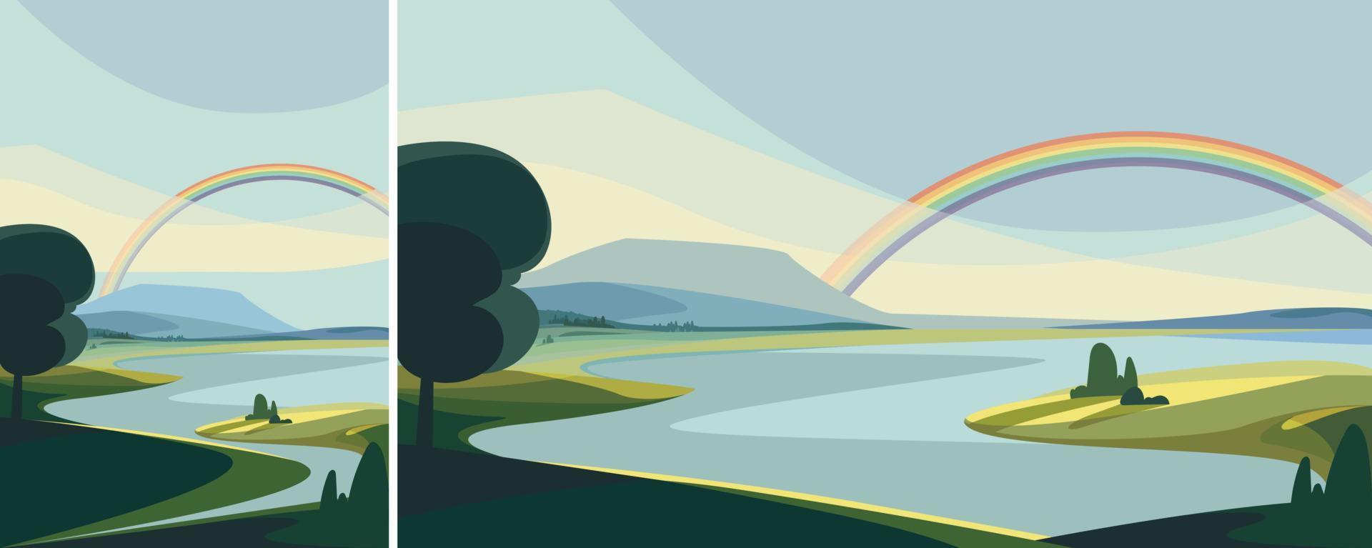 landschap met rivier en regenboog. natuurlijke landschappen in verschillende formaten. vector