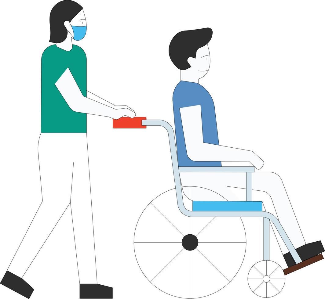 het meisje draagt de patiënt in een rolstoel. vector