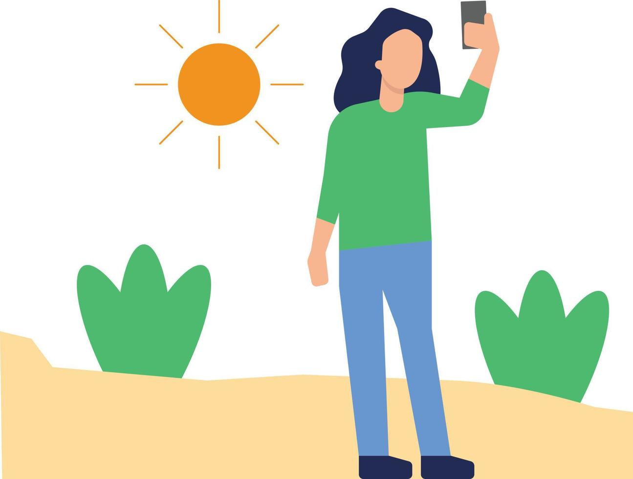 het meisje neemt een selfie op het strand. vector