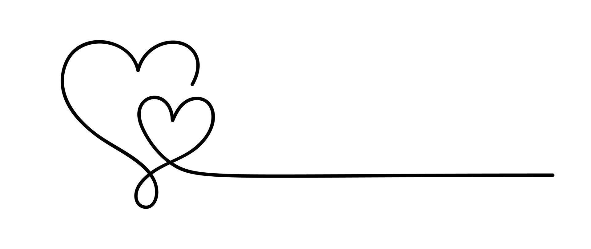 liefde pictogram vector doodle twee harten en lijn voor tekst. hand getekend valentijn dag logo monoline. decor voor wenskaart, bruiloft, tag, foto-overlay, t-shirt print, flyer, posterontwerp