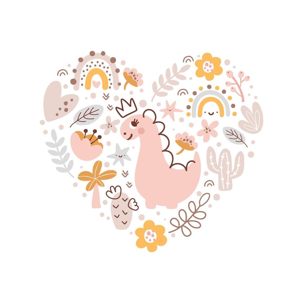 schattige liefde vector kinderen samenstelling in de vorm van hart dino meisje wenskaart landschap met dinosaurus, regenboog, hart, palm, planten, bloemen en sterren. cartoon prinses baby scandinavische illustratie