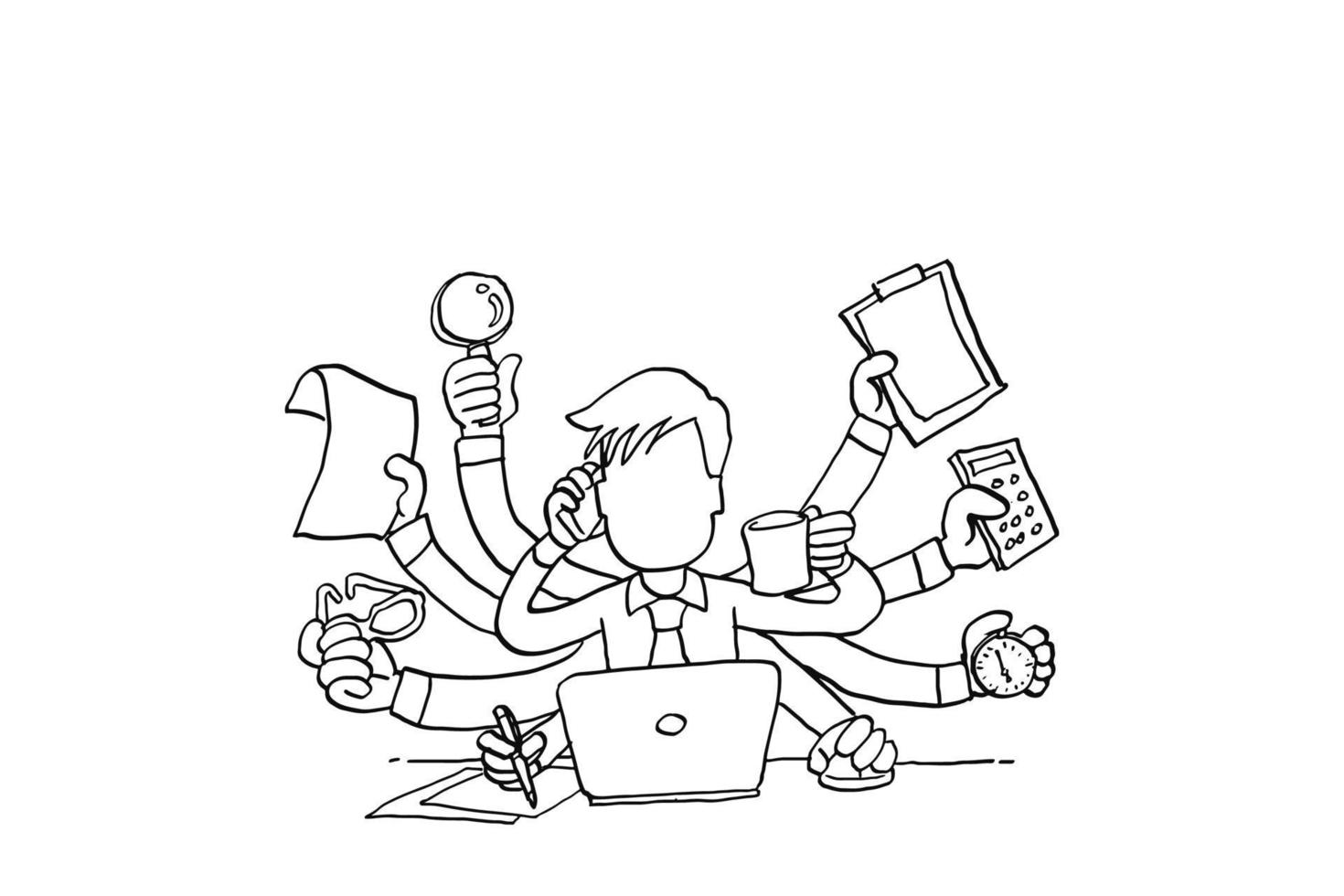 zakenman die meerdere banen tegelijk doet. concept van multitasking en burn-out. cartoon vector illustratie ontwerp