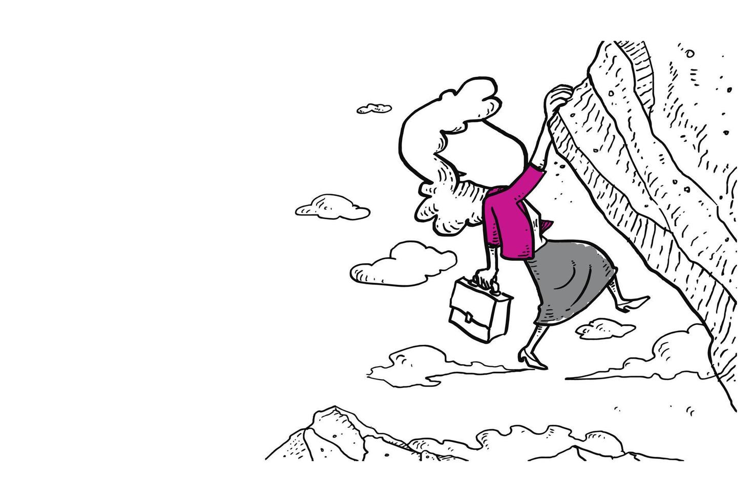 zakenvrouw strijd opknoping op de rand van de klif. concept van uitdagende situatie. cartoon vector illustratie ontwerp