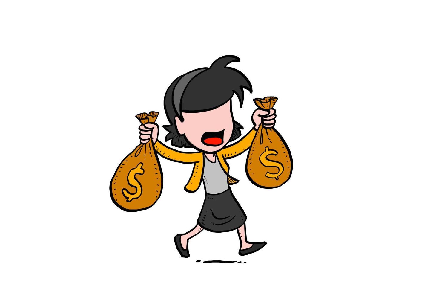 gelukkige zakenvrouw die loopt terwijl ze zakken met geld vasthoudt. tekening vector illustratie ontwerp