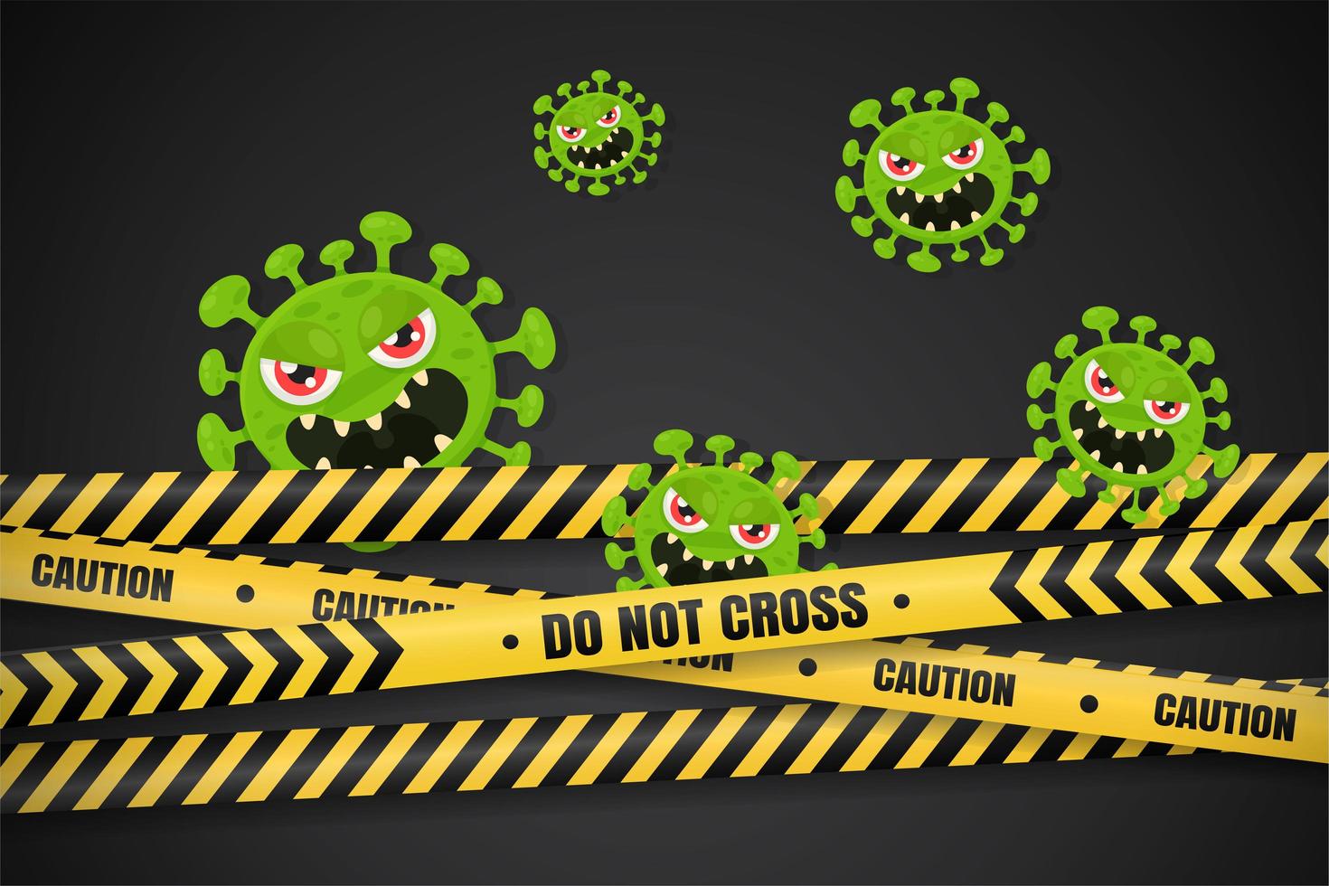 cartoon coronavirus geblokkeerd door politieband vector