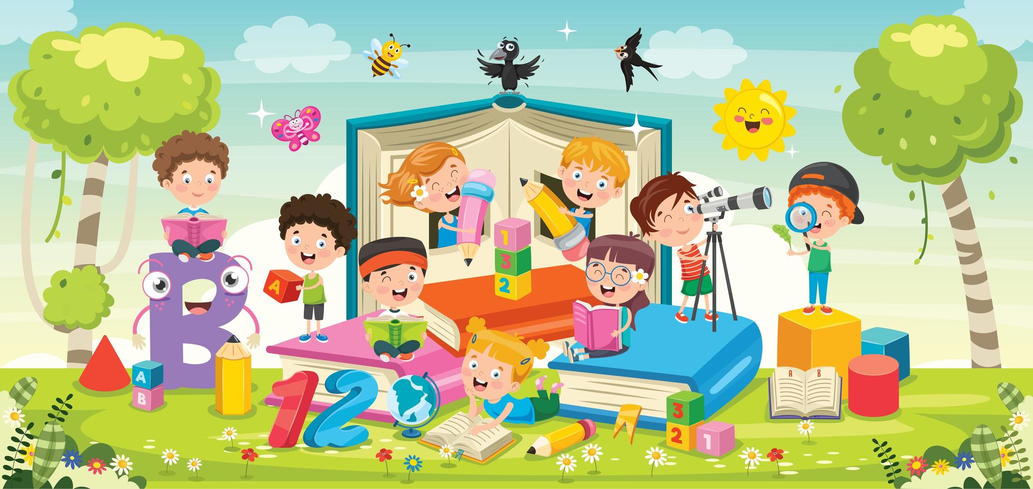 cartoon kinderen spelen rond boeken vector