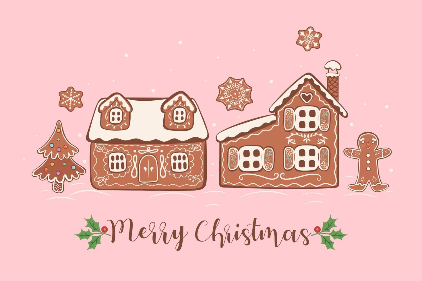 ansichtkaart met peperkoekkoekjes en de inscriptie vrolijk kerstfeest vector