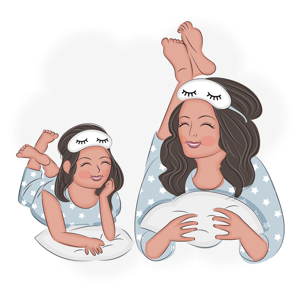 moeder en dochter in pyjama, in bed, pyjamafeestje, schattige vectorillustratie vector