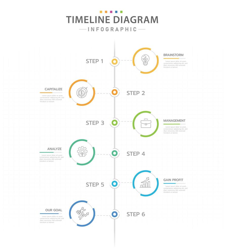 infographic sjabloon voor bedrijven. 6 stappen moderne tijdlijn diagram kalender met verticale onderwerpen en cirkels, presentatie vector infographic.