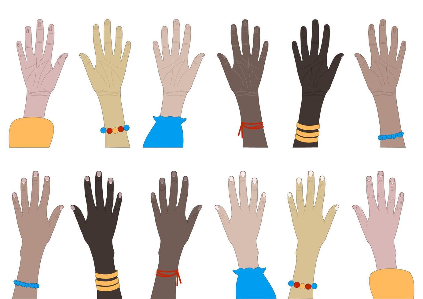 vrouwelijke handen, open handpalmen van vrouwen van verschillende rassen, menselijke polsen vector