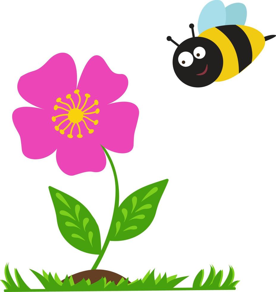 vectorillustratie met een bloem en een bij. leuke kinderillustratie. het wordt gebruikt voor kinderboeken en tijdschriften, kinderkamerdecoratie, marketing, reclame, webapplicaties en design. vector