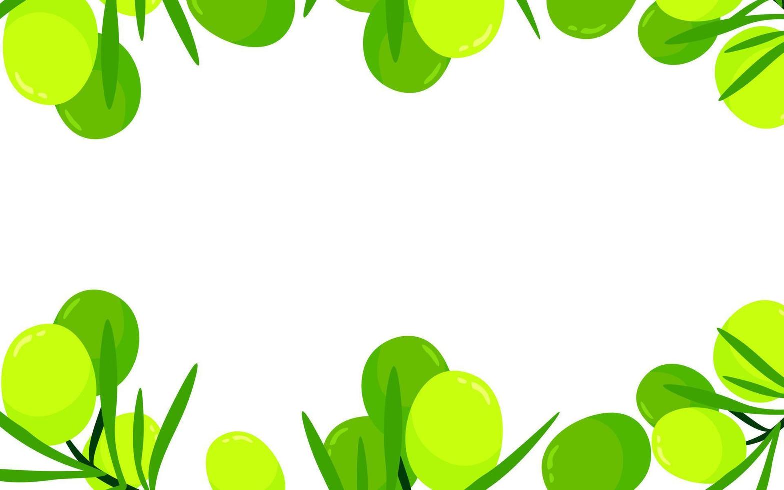 groene olijven fruit en takken cartoon afbeelding geïsoleerd op een witte achtergrond. vector kleurrijke verse biologische gezonde voeding concept. logo branding bannerontwerp. grens kader.
