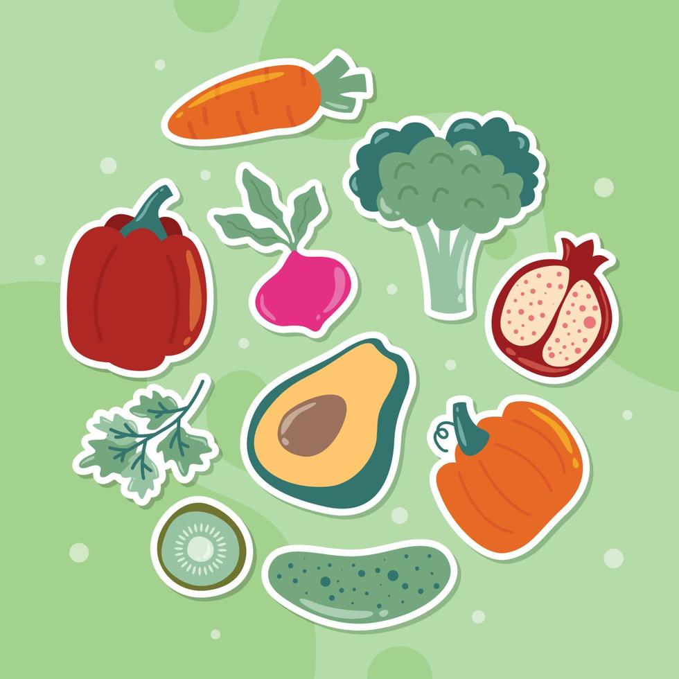 biologisch voedsel en groenten doodle stickerpakket vector