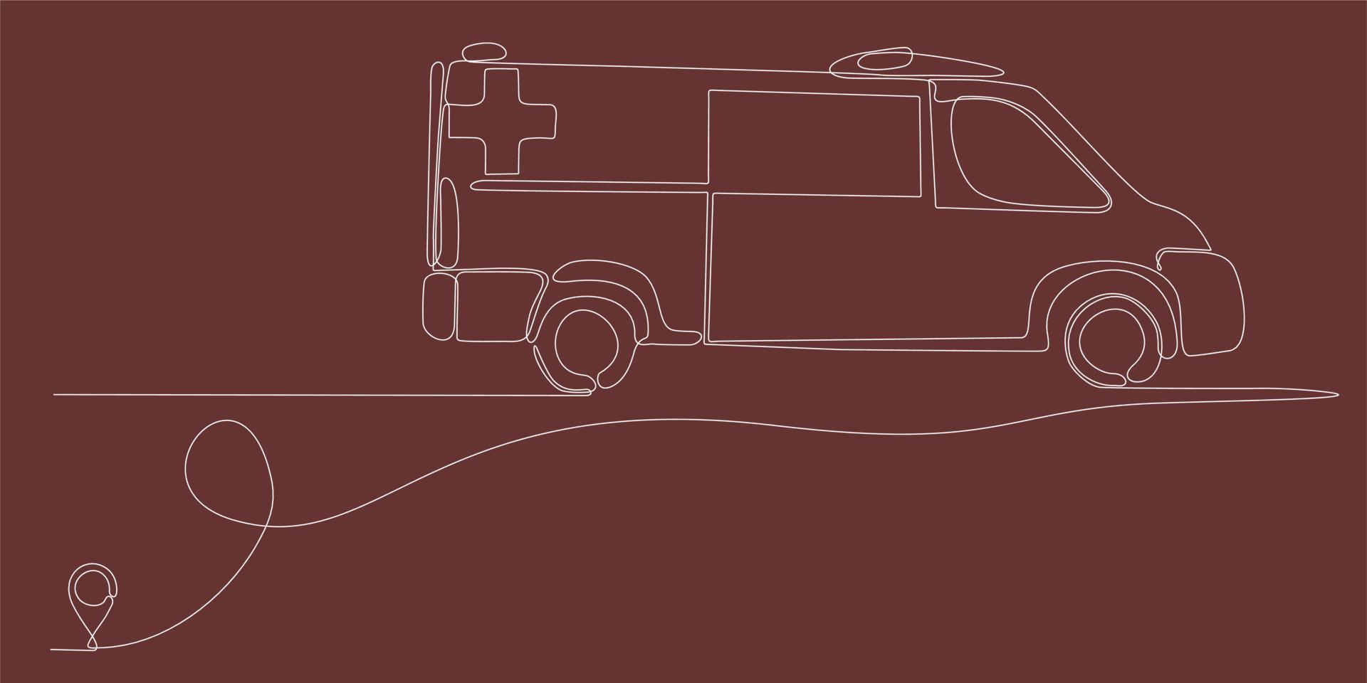 lijn pictogram vector doorlopende lijntekening van ambulance auto lijn van oulis ziekenhuis route met startpunt en enkele lijn trail - vectorillustratie. - vector