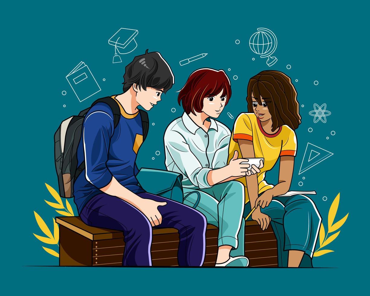 portret van drie glimlachende studenten die buiten zitten en naar smartphones kijken vectorillustratie gratis download vector