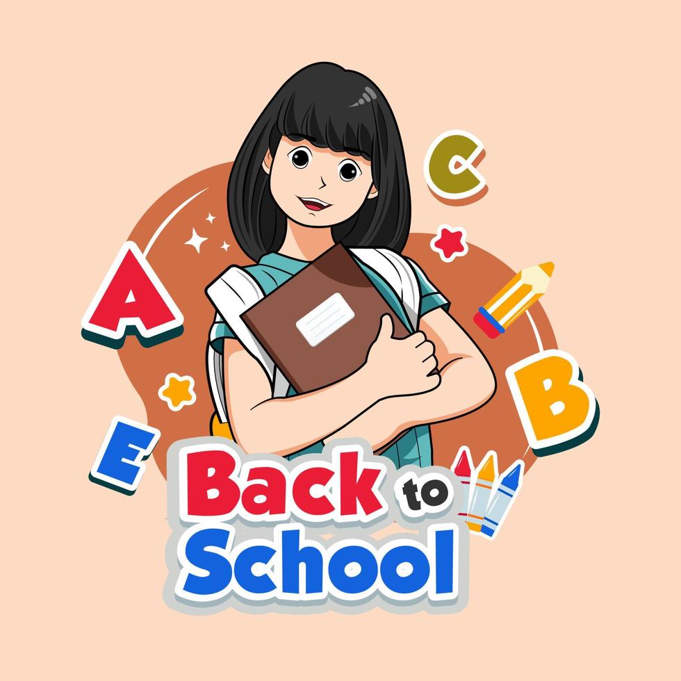 terug naar school. een lachend meisje met een boek en een rugzak vectorillustratie gratis download vector