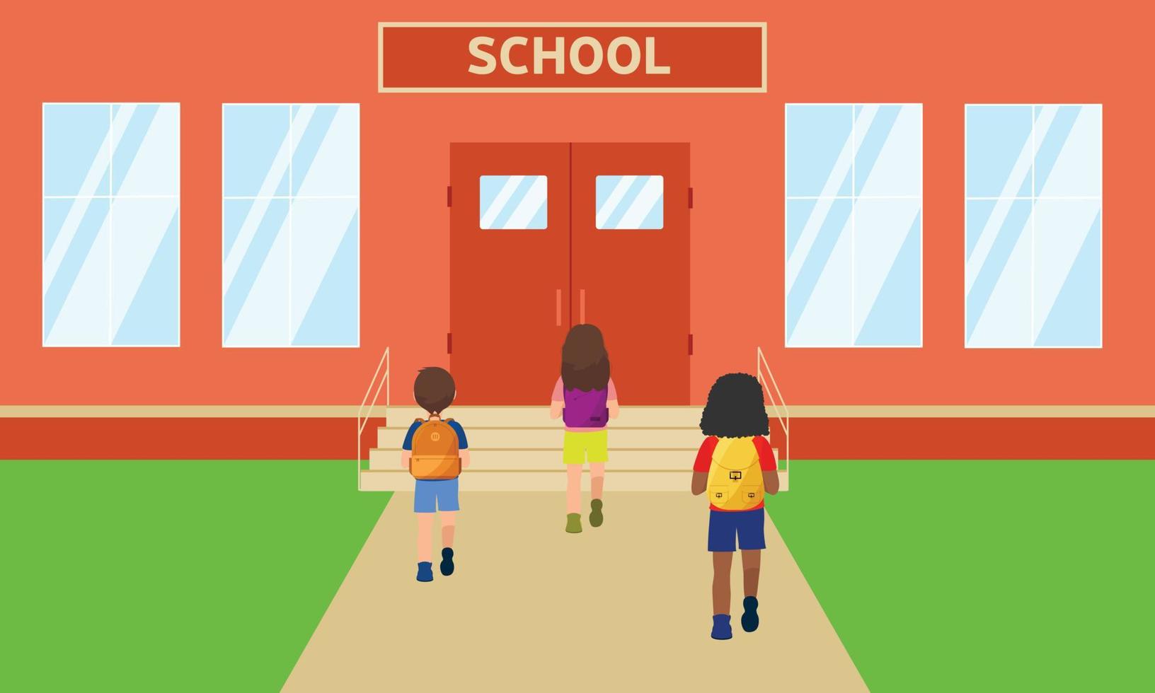 vectorillustratie van gelukkig klein kind op schoolgebouw achtergrond. achteraanzicht vector