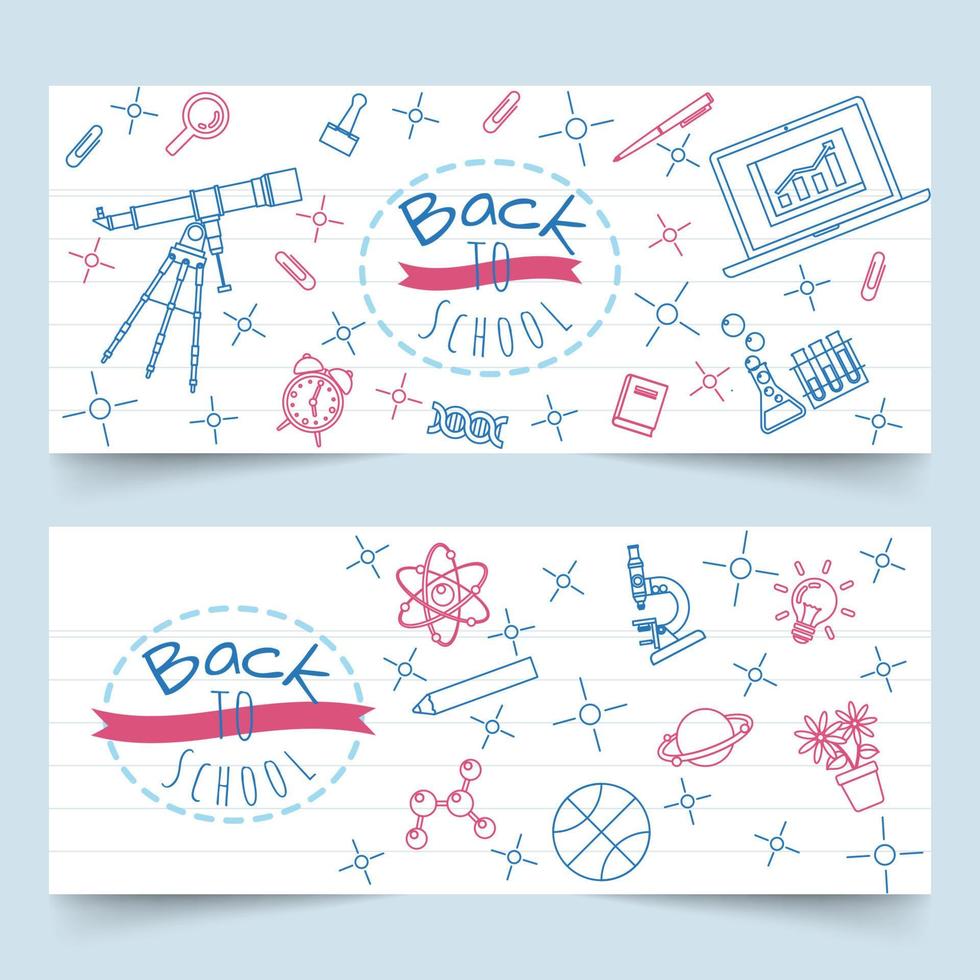 terug naar school banners met schoolelementen lijntekeningen op notebookpapier vector