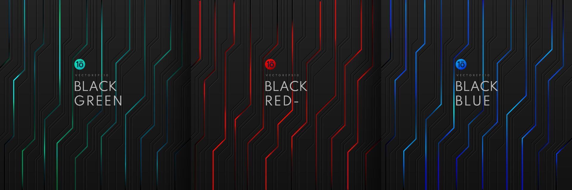 set van dynamisch groen, blauw en rood licht op zwart metallic cyber geometrisch ontwerp in circuitstijl. moderne technologie futuristische donkere achtergrond. ontwerp voor banner, dekking, web, flyer. vectoreps10 vector