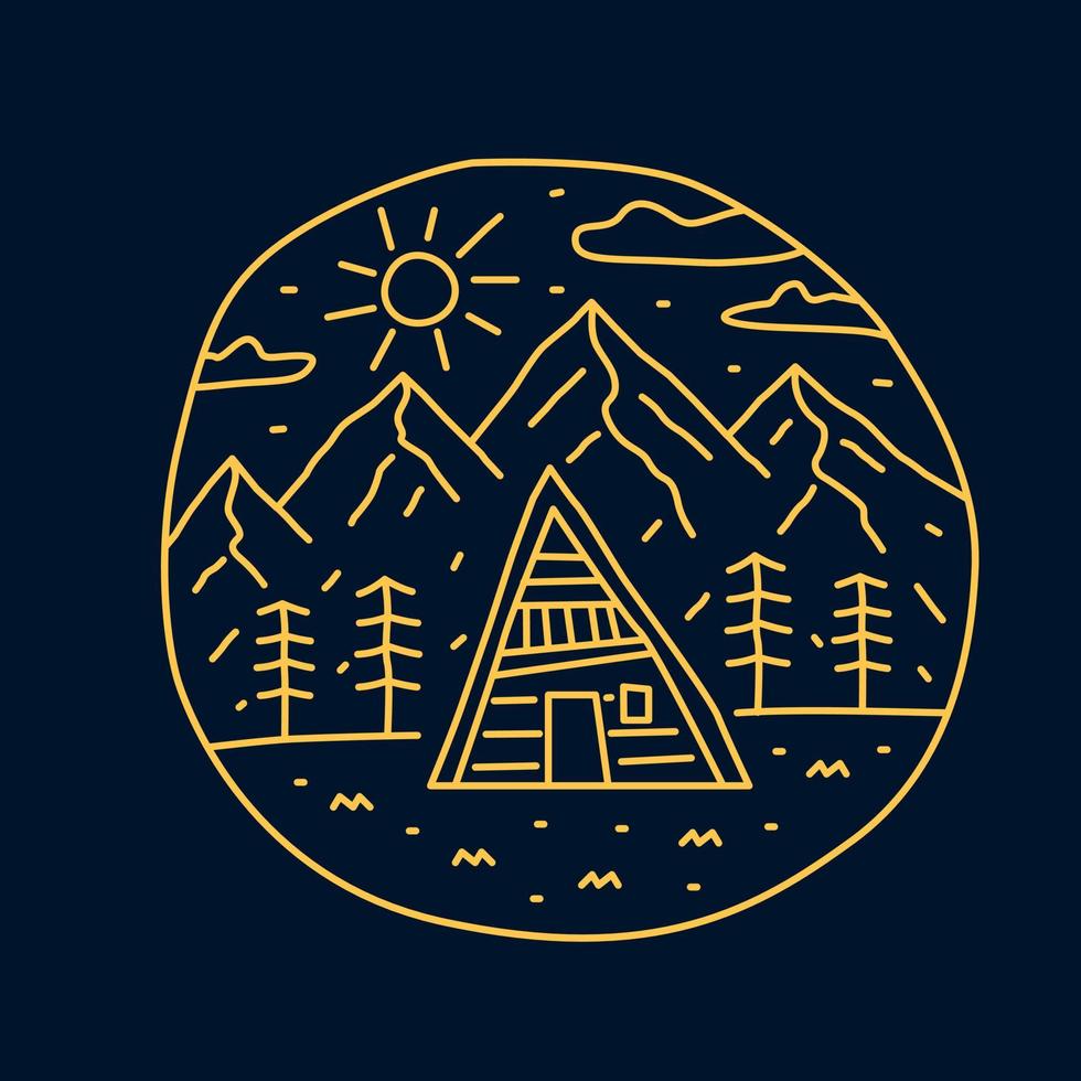 de cottage lodge in natuur wildlife bergen in mono line art design voor voor badge, sticker, patch, t-shirt design, etc vector