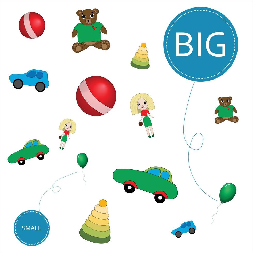 match het speelgoed op maat groot of klein. educatief spel voor kinderen. vector